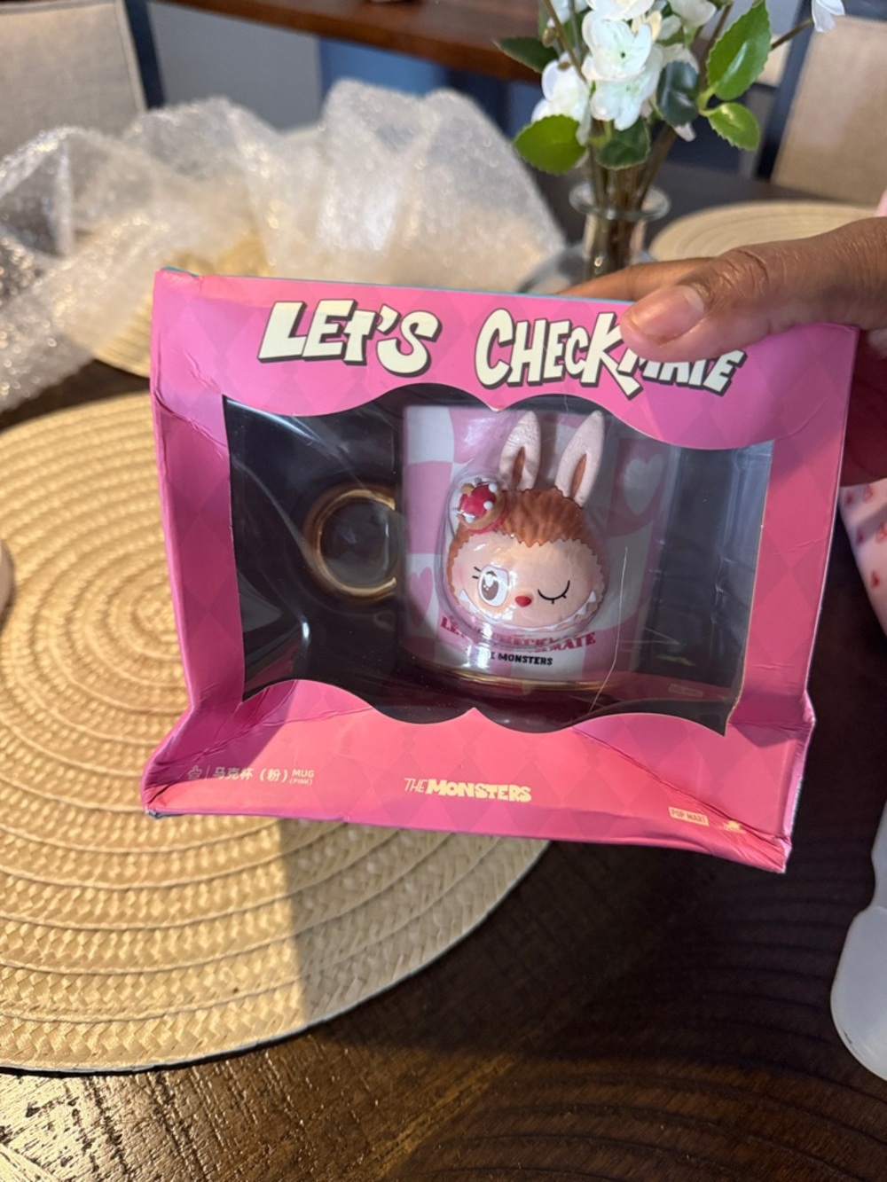 Let’s Check! Pink Bunny Ceramic Coffee Mug with Gold Handle